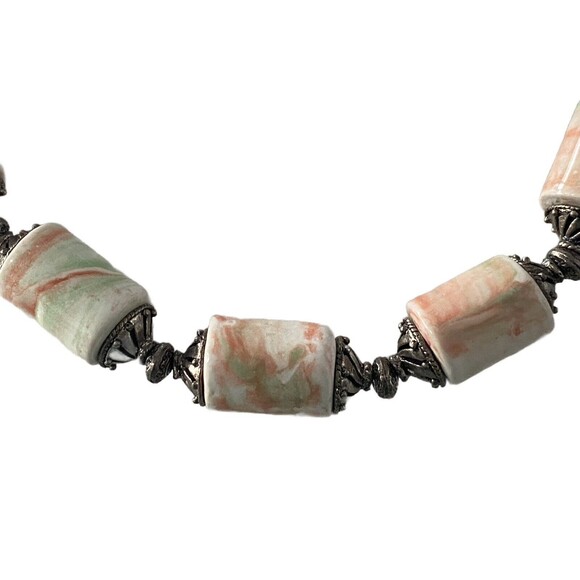Hand Crafted Barrel Porcelain Beads Choker Bib Necklace Earth Tone Faux Jasper - Picture 4 of 11